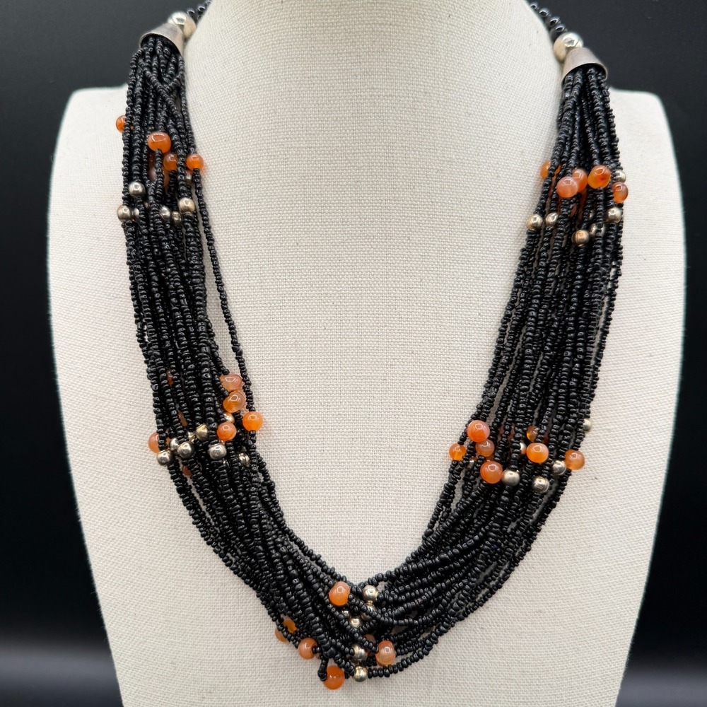 Black Seed Bead Multi Strand Necklace Orange Accents Boho Statement Gift Vintage